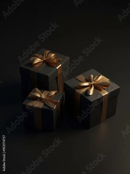 Fototapeta Elegant Black Gift Boxes With Golden Ribbons Arranged Artistically on a Dark Surface. Generative AI