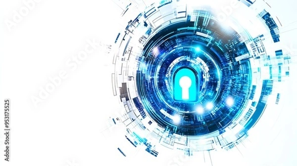 Obraz Futuristic digital security concept with blue lock surrounded by abstract technology and circuit design on a white background.