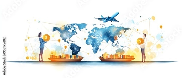 Obraz Global business network concept featuring people, world map, shipping containers, and airplanes representing international trade and logistics.