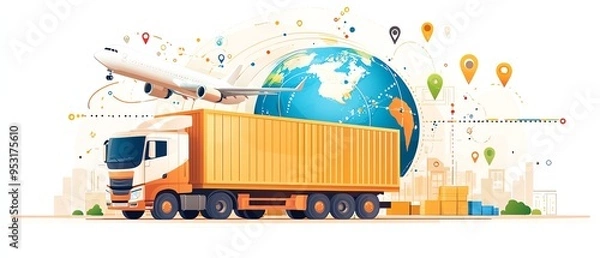 Obraz Global logistics and transportation concept with truck, airplane, and world map icons symbolizing international shipping and delivery.