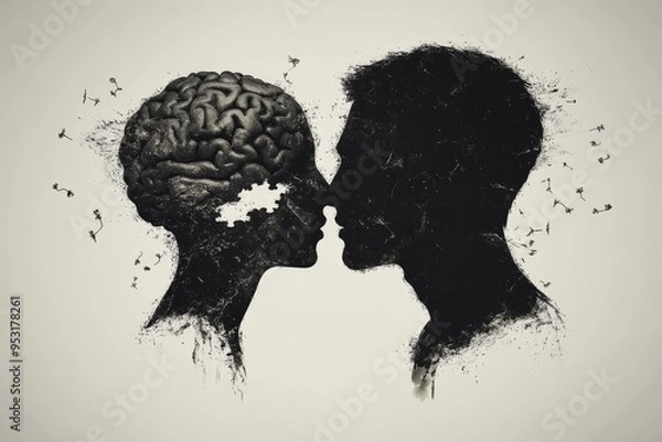 Fototapeta Romantic digital portrait of a couple with glowing brains symbolizing the deep intellectual and emotional connection between them in a soft dreamy setting