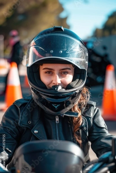 Fototapeta A woman riding a motorcycle while wearing a protective helmet