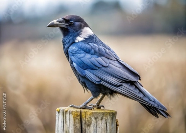 Obraz Majestic White-necked Raven perches on a weathered wooden fence post, its sleek black plumage and distinctive white feathers glistening in the soft, overcast afternoon light.