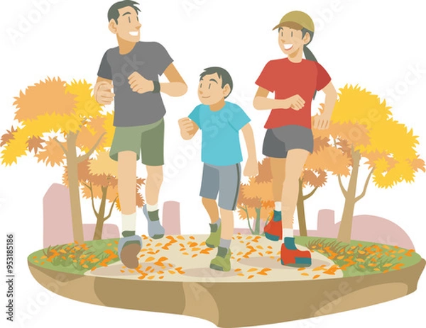 Fototapeta 秋の公園をランニングする家族のイラスト