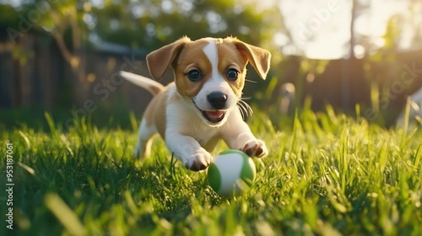 Fototapeta A playful puppy chasing a ball in a grassy park, capturing the joy and energy of a young dog in motion