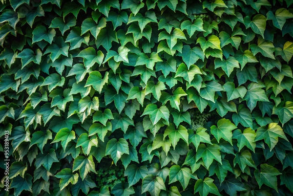 Obraz Urban wall covered by ivy leaves in sunny day. Green wall in the garden with air purification plants. Ecology and green city concept. Abstract nature background for banner, poster, wallpaper