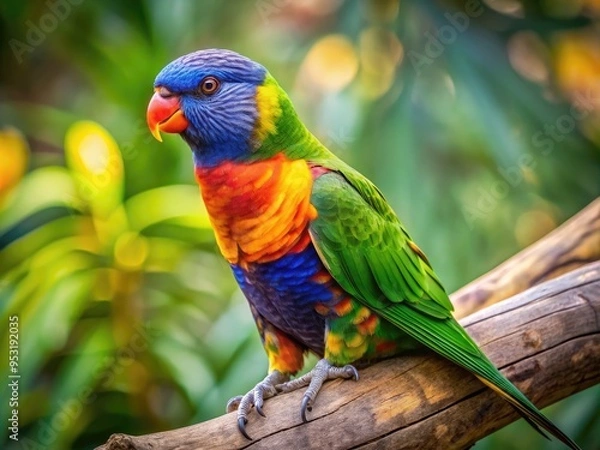 Fototapeta Vibrant lorikeet perched on a branch, showcasing its bright plumage, with iridescent feathers in shades of blue, green, and yellow, against a natural outdoor backdrop.