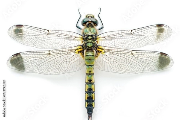 Fototapeta A dragonfly perched on a white surface, awaiting its next move