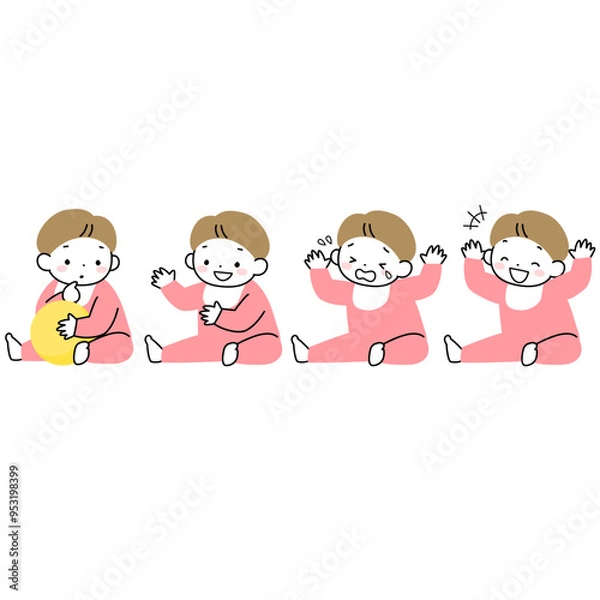 Fototapeta いろいろな表情の座っている赤ちゃんのセット