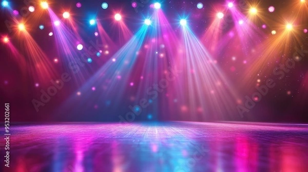 Fototapeta Stage lights backdrop, Vibrant disco lights reflecting off a shiny surface, multicolored beams, festive and lively setting, Stage lights on the concert.