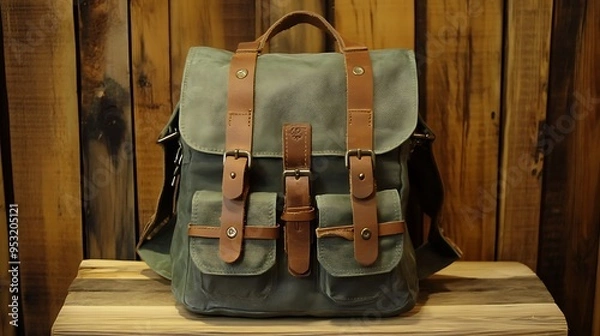 Fototapeta A green canvas backpack with brown leather straps and buckles sits on a wooden surface.