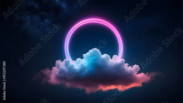 Fototapeta A 3d render of an ethereal cloud floating in a dark night sky illuminated by vibrant neon ring
