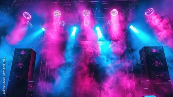Fototapeta Concert stage with speakers, lights, and smoke.