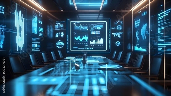 Fototapeta Futuristic Conference Room with Data Visualization Screens