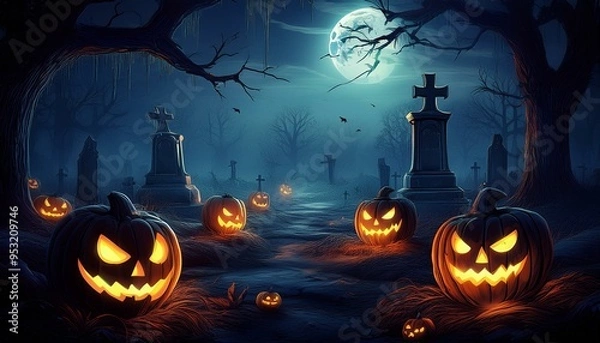 Obraz  Halloween Backdrop with Jack O' Lanterns