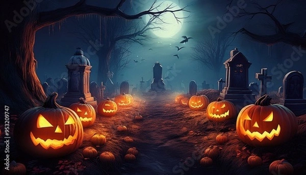 Obraz  Halloween Backdrop with Jack O' Lanterns