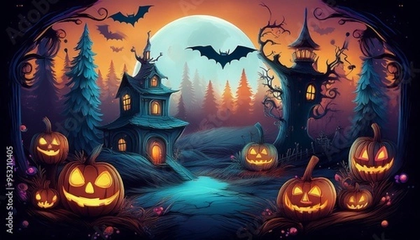 Obraz  Halloween Backdrop with Jack O' Lanterns