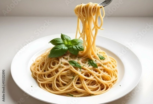 Fototapeta Fork Lifting a Strand of plain Spaghetti with Basil and Olive Oil
