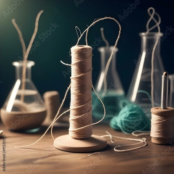 Fototapeta Spool of tan thread and string on the table with scientific flask experiment science