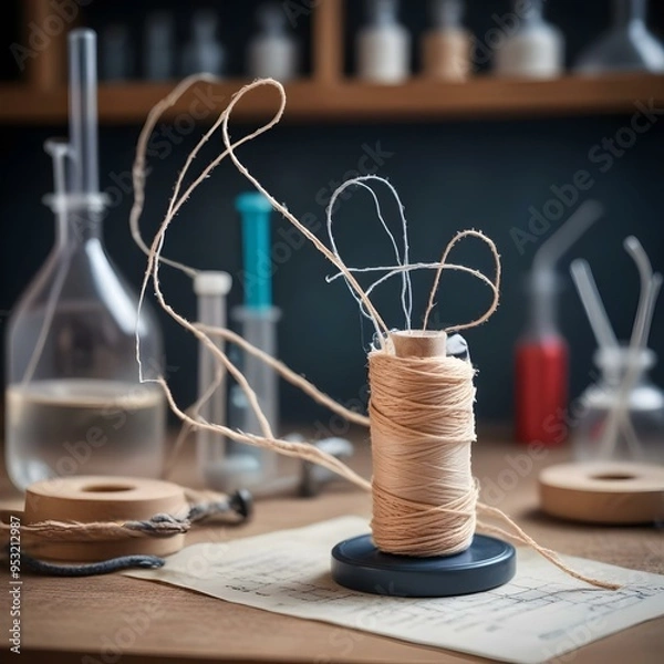 Fototapeta Spool of tan thread and string on the table with scientific flask experiment science
