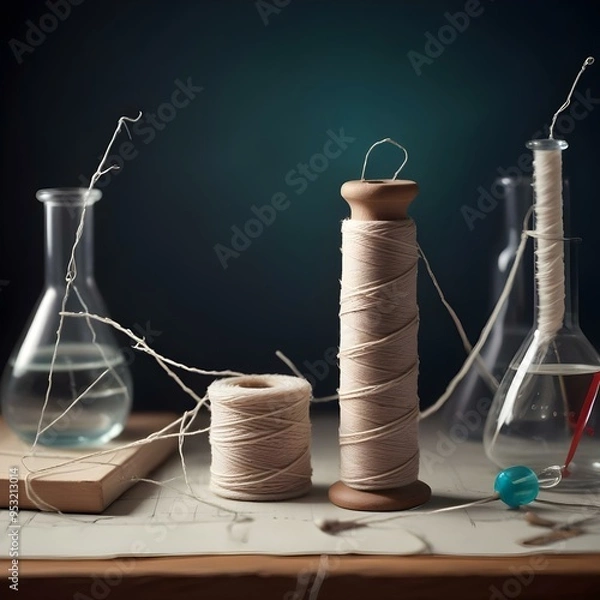 Fototapeta Spool of tan thread and string on the table with scientific flask experiment science