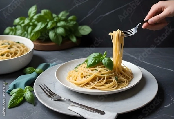 Fototapeta Fork Lifting a Strand of plain Spaghetti with Basil and Olive Oil