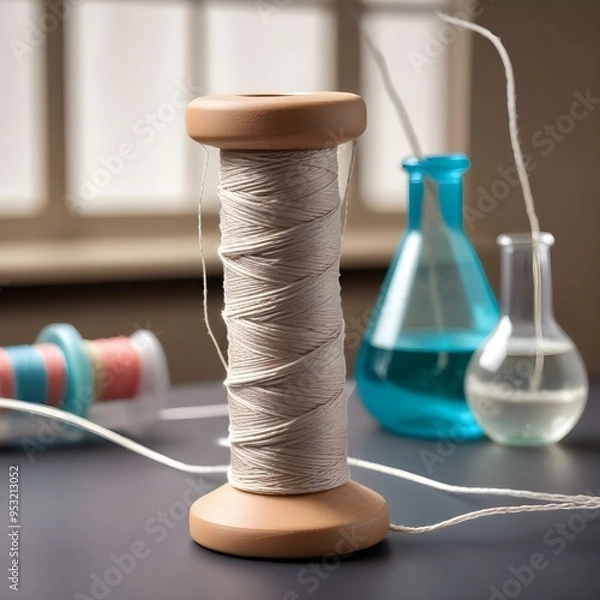 Fototapeta Spools of Thread and conical flask in the background