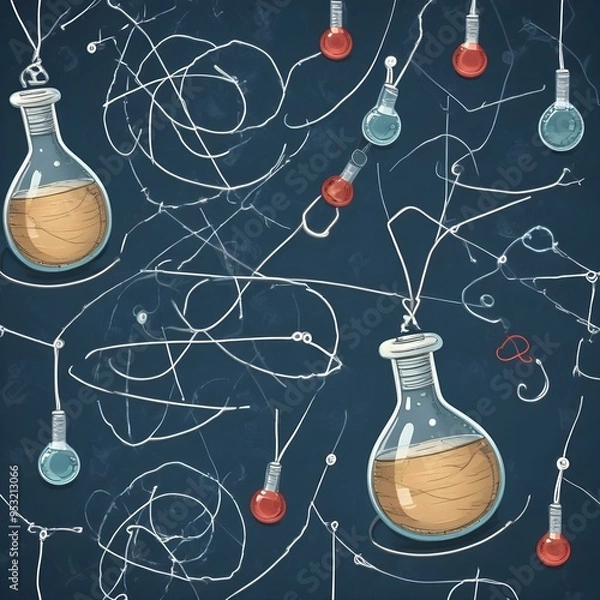 Fototapeta drawing on a chalk board of a flask container and lines showing scientific background