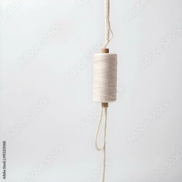 Fototapeta Spool of White Twine brown thread Hanging on a White Background