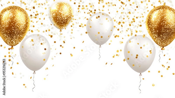 Fototapeta gold white transparent balloon confetti background for graduation birthday happy new year opening sale, high quality image