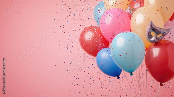 Fototapeta balloons and masks were confetti on a pink background, extremely detailed image