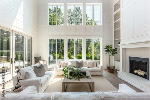 Fototapeta Modern Living Room with Large Windows and Fireplace