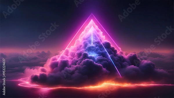Fototapeta A mysterious dark Smoky texture with a neon light triangle shape