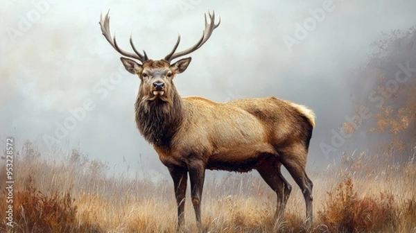 Fototapeta  Majestic Stag in Misty Meadow: A majestic stag with impressive antlers stands proudly in a misty meadow, its presence commanding attention. The soft light and ethereal atmosphere create a sense of tr