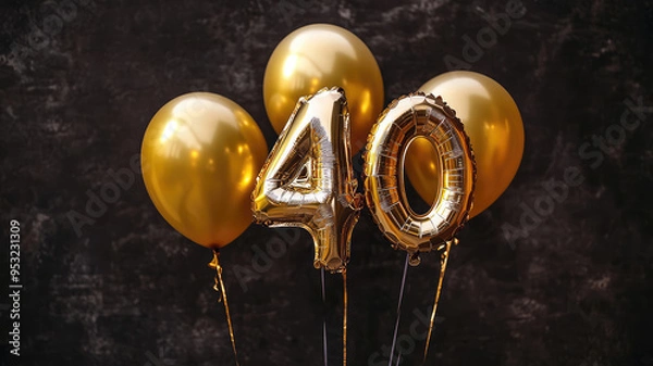 Fototapeta golden foil balloon number 40 text on dark background. dark birthday decoration, high quality photo