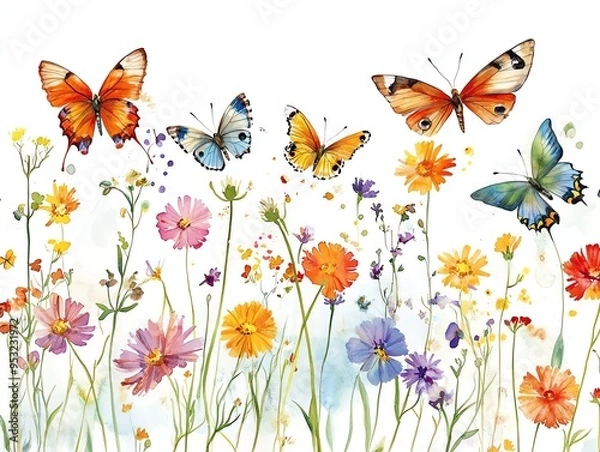Obraz Colorful butterflies fluttering above a vibrant meadow of wildflowers in a joyful, nature-inspired scene, perfect for spring and summer themes.