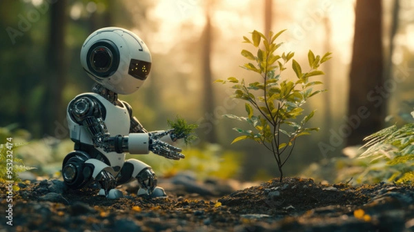 Fototapeta Robot Planting Tree in Forest - Technology and Nature Harmony, AI Robotics, Green Future
