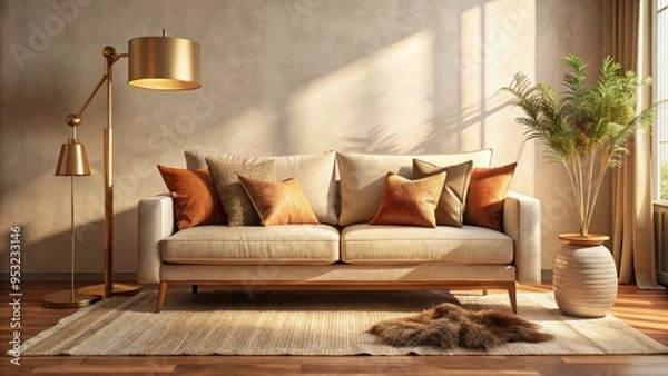 Fototapeta "Capture warm beige sofa with rusty velvet pillows, brass floor lamp, and natural woven rug, bathed in soft morning light, evoking cozy sophistication and organic elegance."