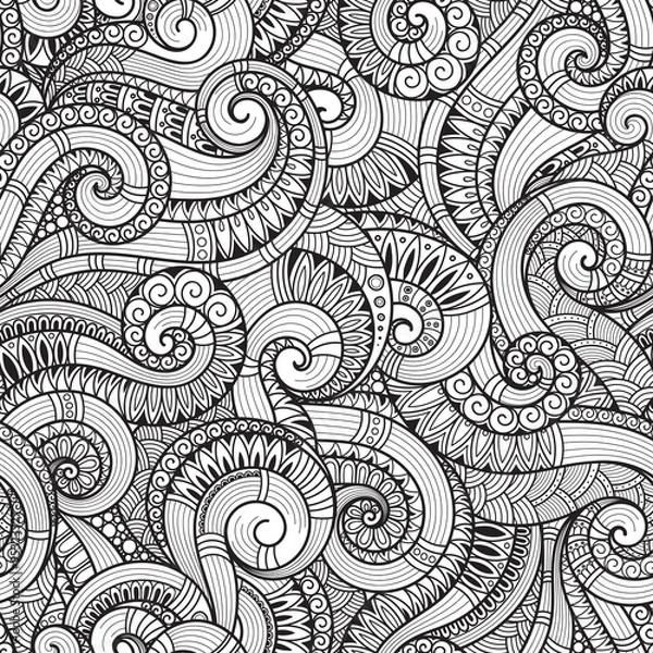 Fototapeta Seamless black and white abstract hand-drawn pattern, waves back