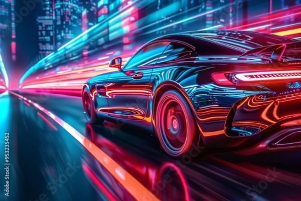 Fototapeta Race AI automobile in cyberpunk downtown on a futuristic floating track in cyberspace