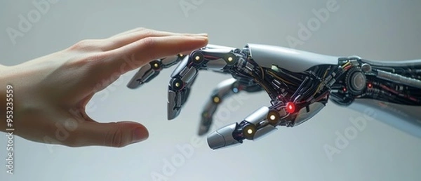Fototapeta Robot hand extending to a human hand, symbolizing the potential for positive co-intelligence