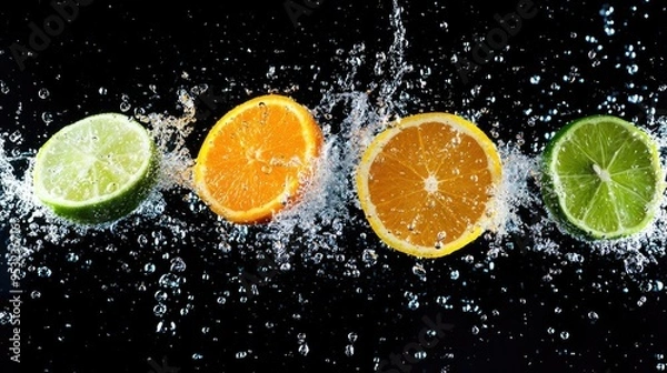 Fototapeta Vibrant citrus slices create a splash against a dark background, showcasing the freshness and colors of lime, orange, and lemon.