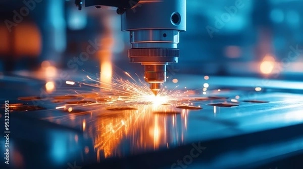 Fototapeta Laser Cutting Machine Sparks Close Up in Factory