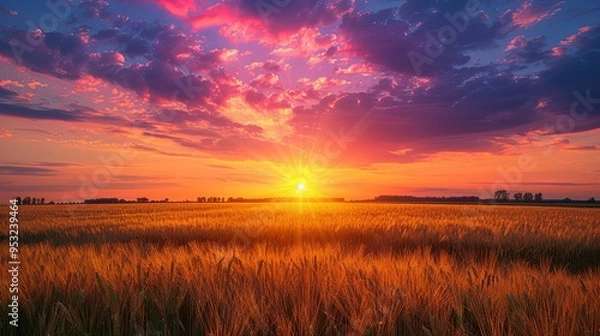 Fototapeta Sunset Over a Field of Golden Wheat with Pink and Purple Clouds