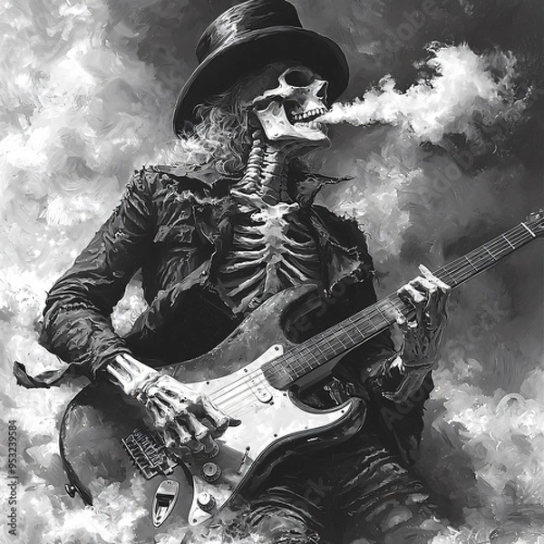 Fototapeta A smoking skeleton rockstar with an electric guitar, perfect for Halloween party promotions and themed events, with copy space.