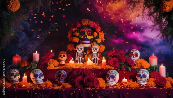 Obraz Colorful dia de los muertos ofrenda with marigolds and calavera skulls in vibrant setting