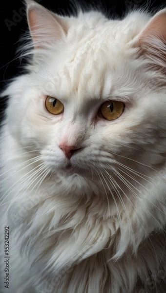 Obraz A white cat with green eyes is sitting in front of a black background
