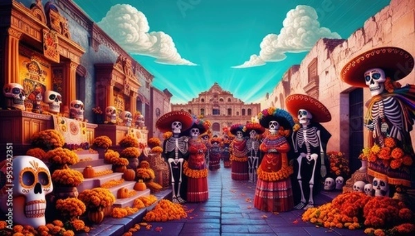 Obraz Colorful dia de los muertos ofrenda in vibrant mexican village setting