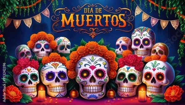Obraz Vibrant dia de los muertos ofrenda with colorful sugar skulls and marigolds