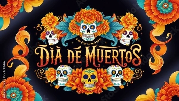 Obraz Vibrant día de muertos design with skulls and marigolds